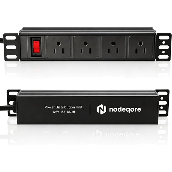 NodeQore 10 inch Rack PDU, 4 Rear Outlets, 1020J Surge Protection &15A Overload Switch, 1U RackMount, Rack Mount Power Strips for 10'' Mini Server Network Cabinets/Rack/Self, 6ft Cable