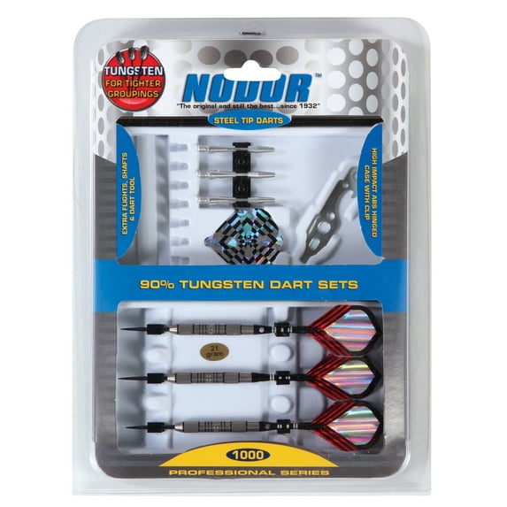 Nodor Professional Series 1000 90% Tungsten Steel Tip Dart Set Includes Flights, Shafts, Case with Clip, and Dart Tool