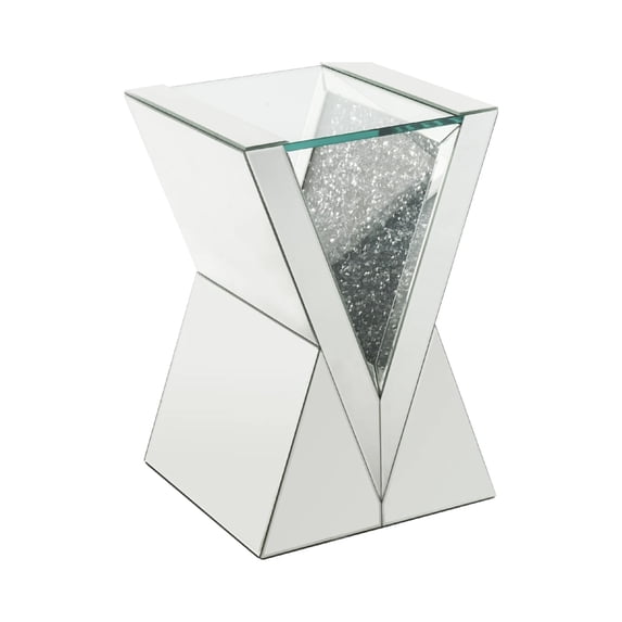 Noe 24 Inch Mirrored End Table V Pedestal Base Faux Diamond Silver - Saltoro Sherpi