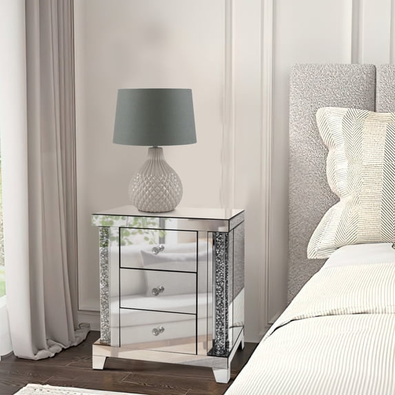Noe 26 Inch 3 Drawer Accent Table Nightstand Mirrored Faux Diamond Inlay Silver - Saltoro Sherpi