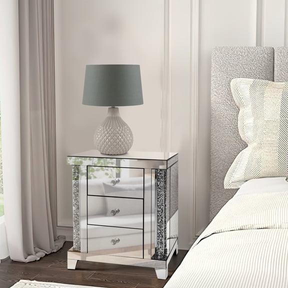 Noe 26 Inch 3 Drawer Accent Table Nightstand Mirrored Faux Diamond Inlay Silver - Saltoro Sherpi