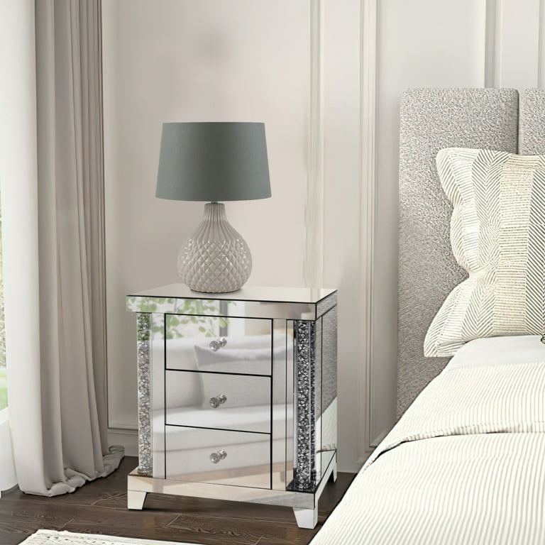 Noe 26 Inch 3 Drawer Accent Table Nightstand Mirrored Faux Diamond Inlay Silver Saltoro Sherpi