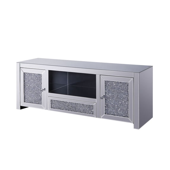 Benjara Noe 59" Wood TV Entertainment Media Console- Faux Diamond Inlay- Silver