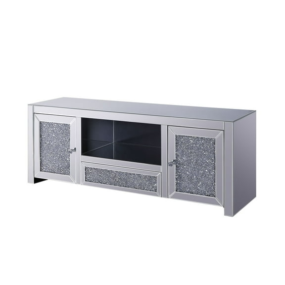 Noe 59 Inch Wood TV Entertainment Media Console Faux Diamond Inlay Silver