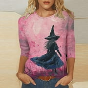 NoeCare 3/4 Length Sleeve Womens Tops Funny Halloween Shirts Trendy Graphic Tees Casual Fall Shirts Comfy Vacation Tunic Shirts