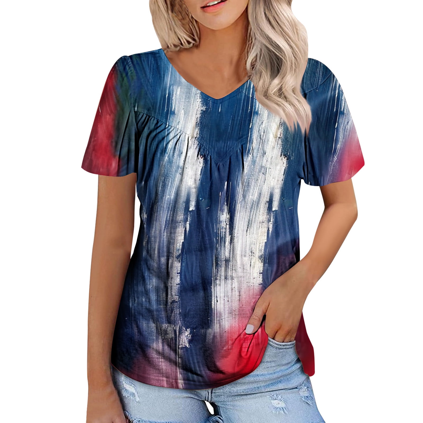 NoeCare Plus Size Tops for Women Red White and Blue Shirts V Neck ...