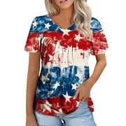 NoeCare Women's American Flag Shirts Plus Size Blouses Patriotic Tops Lace V Neck T Shirts 4th of July Tee Shirts