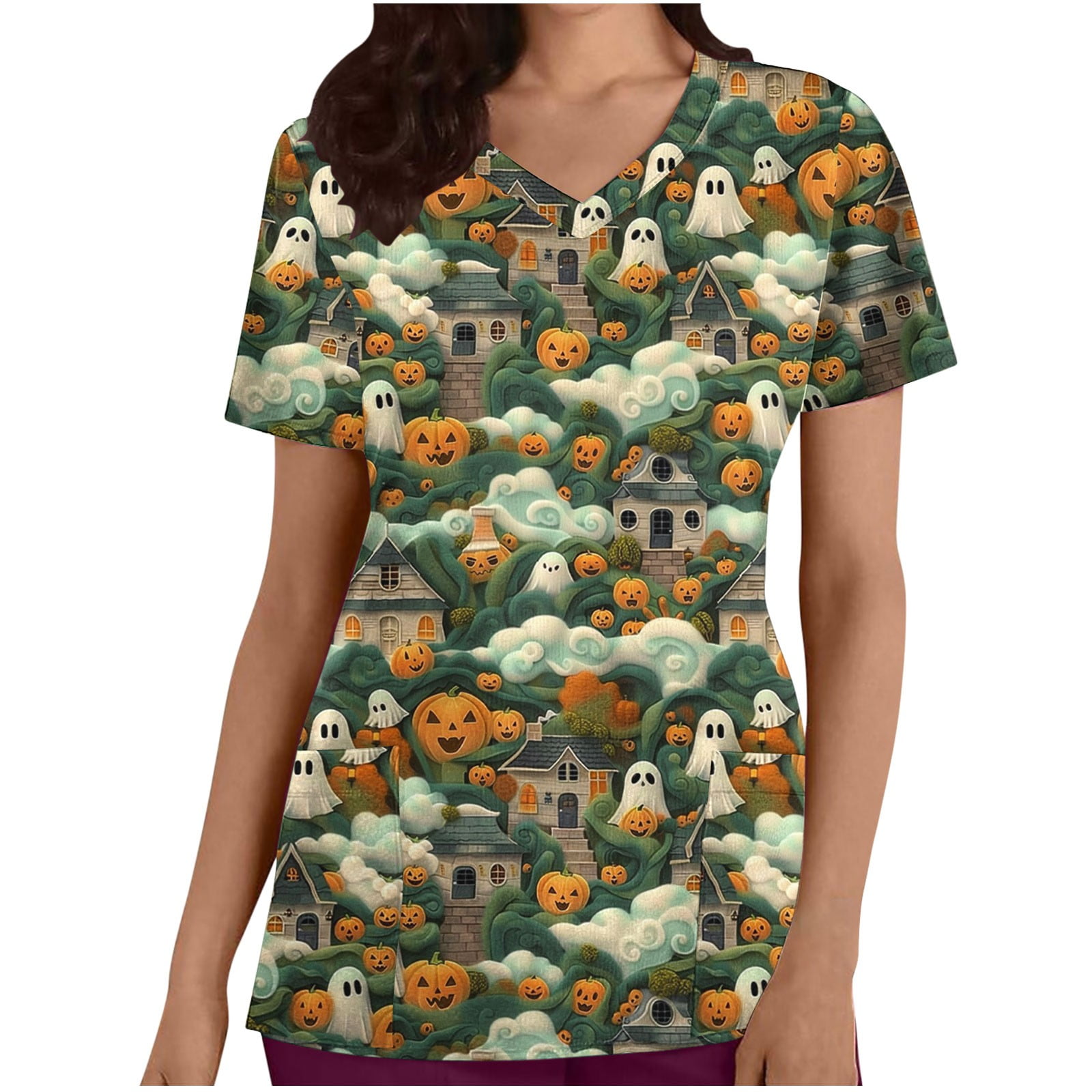NoeCare Womens Halloween Scrub Tops Halloween Pumpkin Printed Nurse