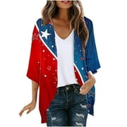 NoeCare Womens Kimono Cardigan 4th of July Cover Up American Flag Blouses Size S-5XL 3/4 Sleeve Tops Resort Wear