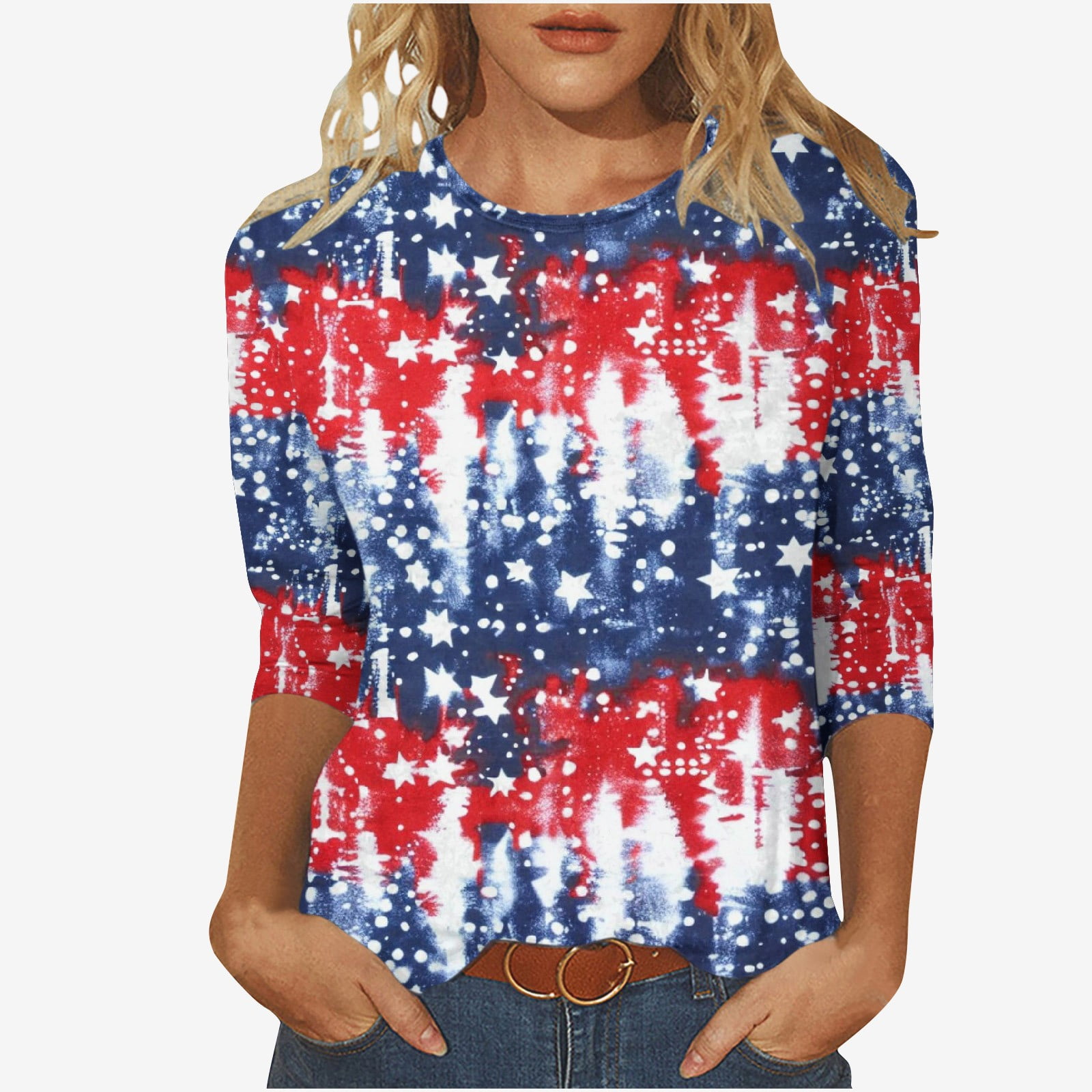 NoeCare Womens Red White and Blue Shirts 3/4 Sleeve Graphic Tees 4th of July Blouses Memorial