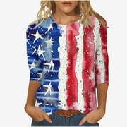 NoeCare Womens Red White and Blue Shirts 3/4 Sleeve Graphic Tees 4th of July Blouses Memorial Day T-Shirt Plus Size Tops