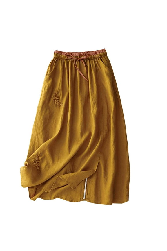 Womens Summer Skirts with Pockets Casual Linen Skirt Trendy Midi Skirts A Line Swing Skirts