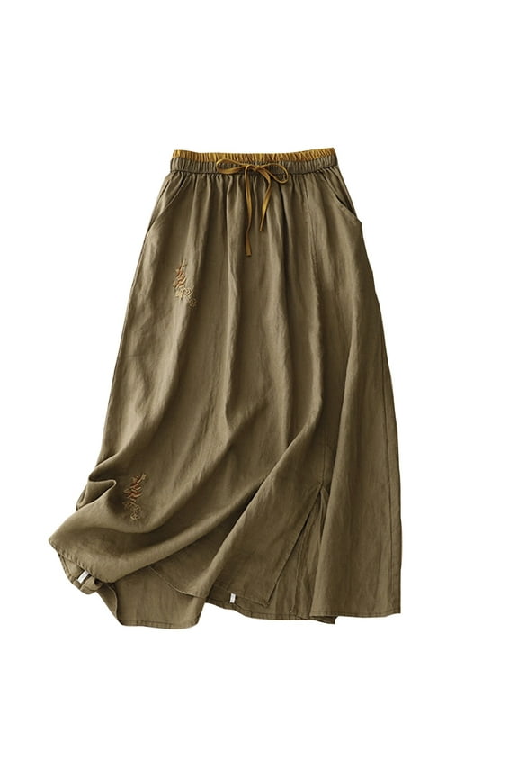 Womens Summer Skirts with Pockets Casual Linen Skirt Trendy Midi Skirts A Line Swing Skirts