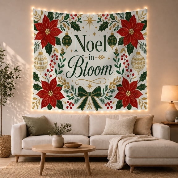 Noel Bloom Based with Framed Florals Forest Presented, Inspirational Illustration for Art Lovers, Typography Wall Art, Christmas Gift, Tapestry Wall Hanging for Bedroom and Dorm