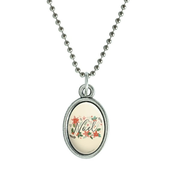 Noel Christmas Holly Poinsettias Antiqued Oval Charm Pendant with Chain