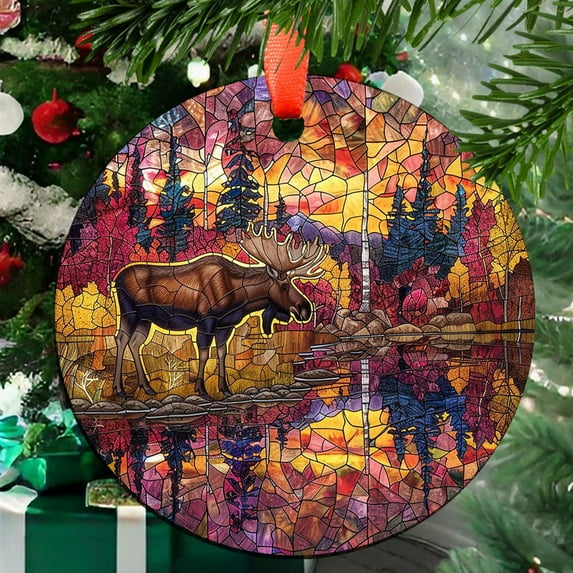 Noel Moose Ornament Suncatcher Four Season Theme Colorful Leaves Window Wall Hanging Hand-Painted Glass Panel Decor Gift for Women Christmas Thanksgiving Gift, 2025, Festive Home