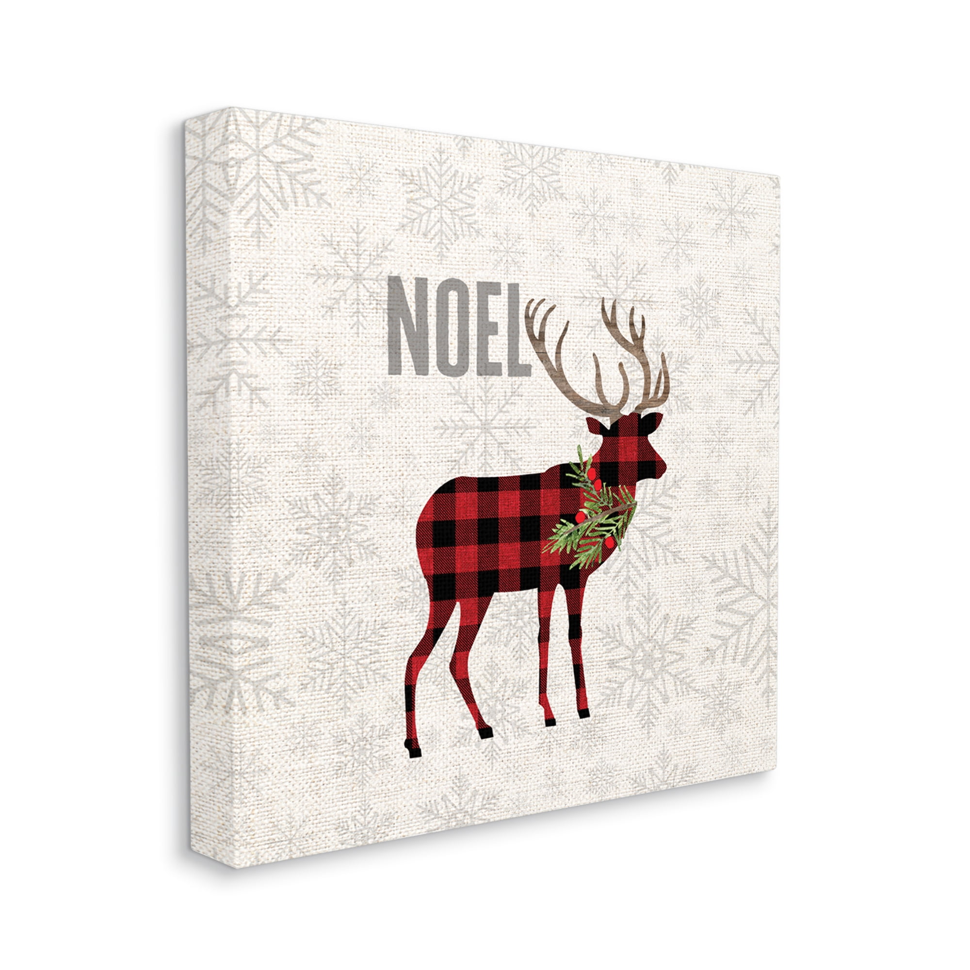 Noel Phrase Patchwork Reindeer Christmas Snowflakes Holiday Gallery-Wrapped Canvas Print Wall Art, 17x17