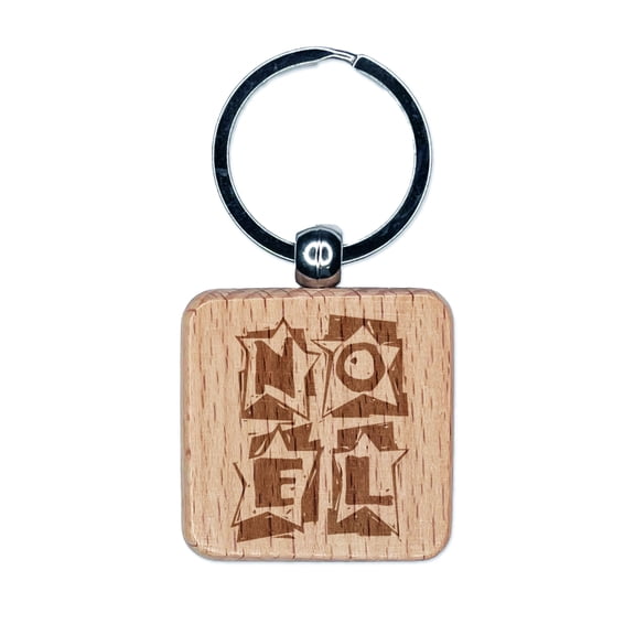 Noel in Stars Christmas Square Keychain Charm Tag - Engraved Wood