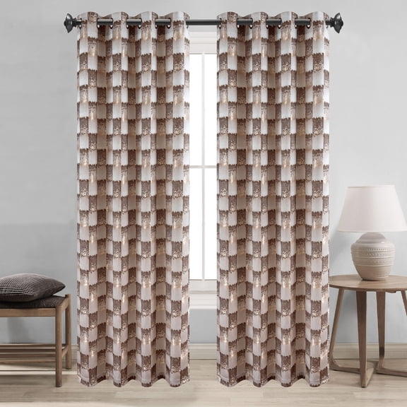Noelle Checkered Geometric Jacquard Grommet Window Curtain Panel, Brown, 54x90 Inches
