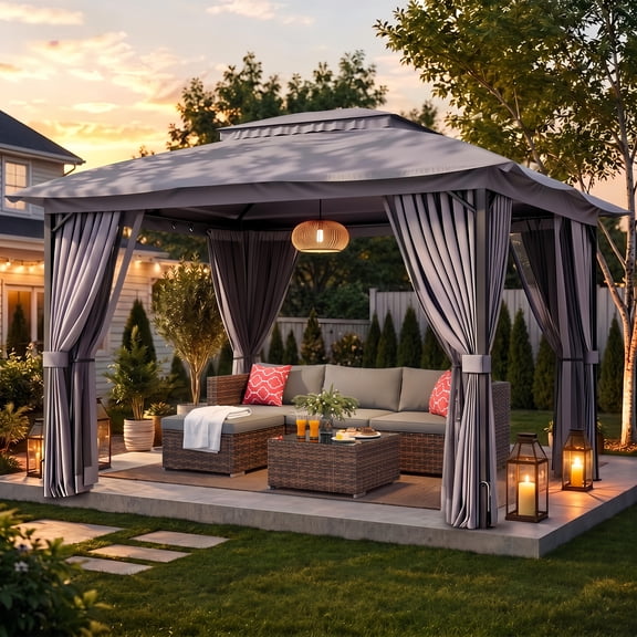 Noelse 10' x 12' Gazebo with 5-Piece Patio Furniture Set, Outdoor Wicker Sectional Sofa with Coffee Table, Heavy Duty Steel Frame, Double Tier Roof, Curtains & Mosquito Netting, Gray