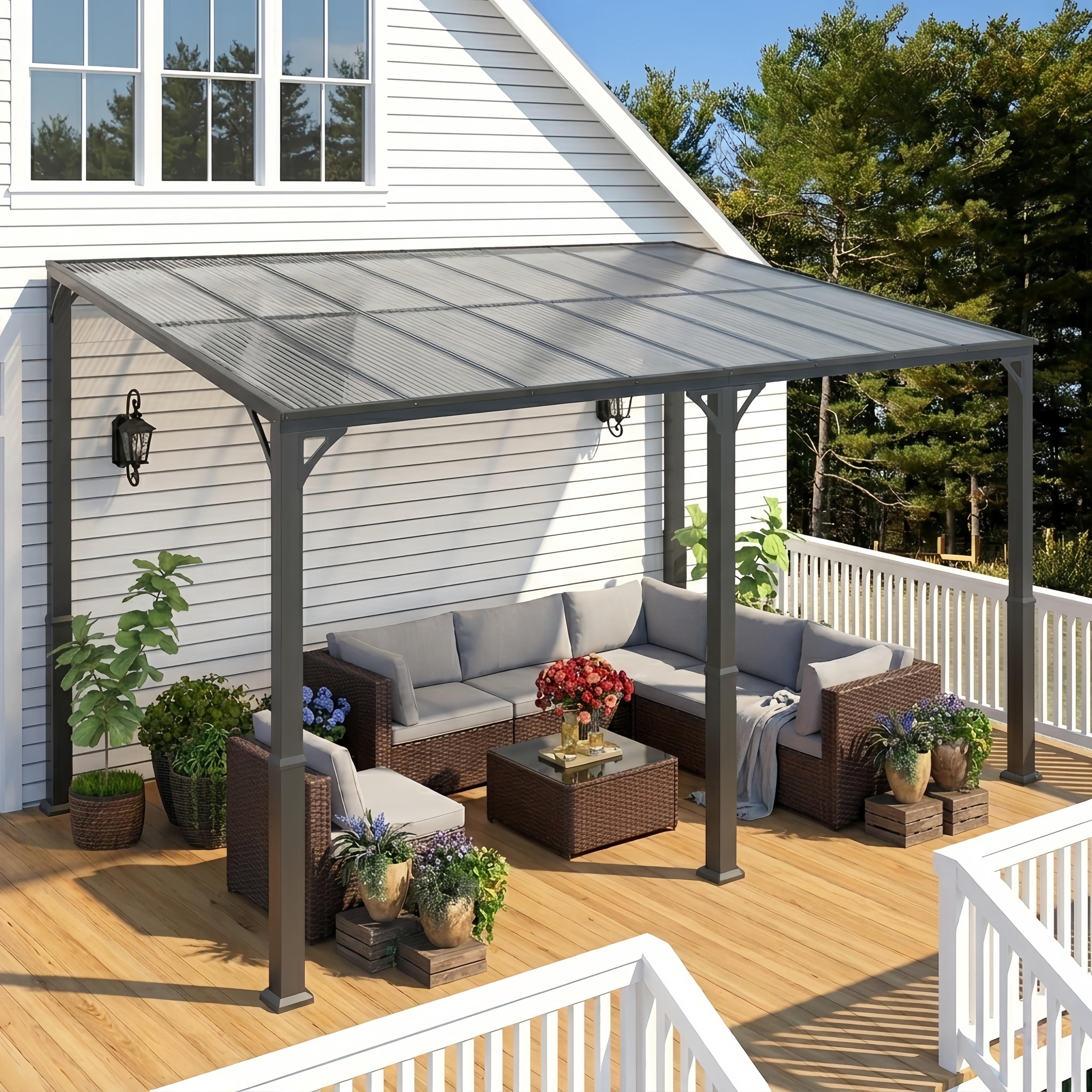 Noelse 10' x 14' Wall-Mounted Gazebo with Sloped Roof, Heavy Duty Steel Frame Patio Shelter for Backyard and Deck, Gray