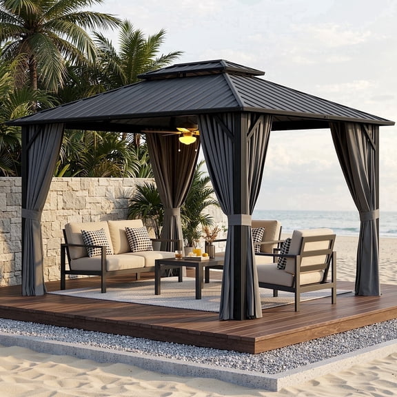 10x12ft Hardtop Gazebo with Double Galvanized Steel Roof, Noelse Outdoor Pavilion with Breathable Netting and Privacy Curtain for Patio Backyard (Dark Gray)