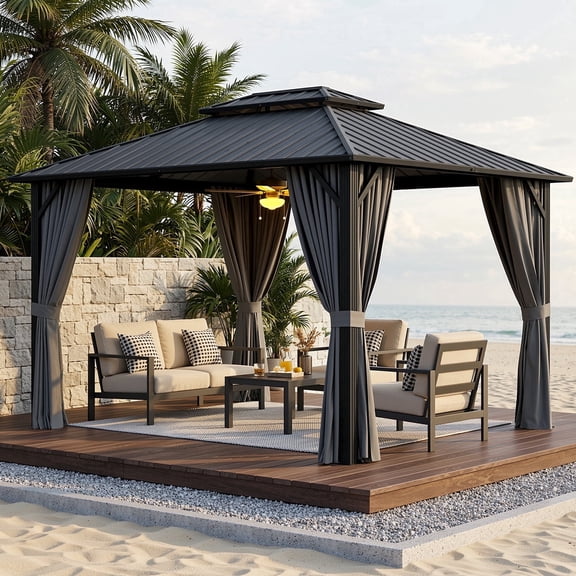 10x12ft Gazebo Hardtop with Double Galvanized Steel Roof, Noelse Outdoor Pavilion with Breathable Netting and Privacy Curtain for Patio Backyard (Dark Gray)