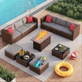 thumbnail image 1 of Noelse 11 Piece Outdoor Patio Furniture Set with Fire Pit Table, All-Weather Wicker Sectional Sofa, Ottomans, Chairs & 2 Coffee Table, Gray Cushions Included, 1 of 9