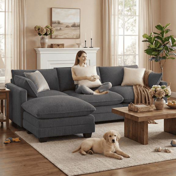 Noelse 110" Small Space Modular Sectional Cloud Couch - Living Room Furniture, 3-Seater Comfy Corduroy Deep Seat Sofa with Movable Ottoman & 2 Pillows for Living Room, Bedroom, Apartment, Grey