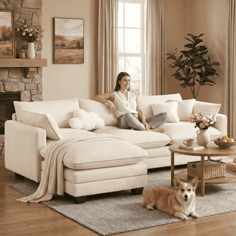 110'' Oversized L Shaped Corduroy Cloud Couches with Ottoman and Washable Cover for Living Room, Modern 4 Seater Cloud Sofa with Comfy Deep Seat and Throw Pillows for Apartment, Beige