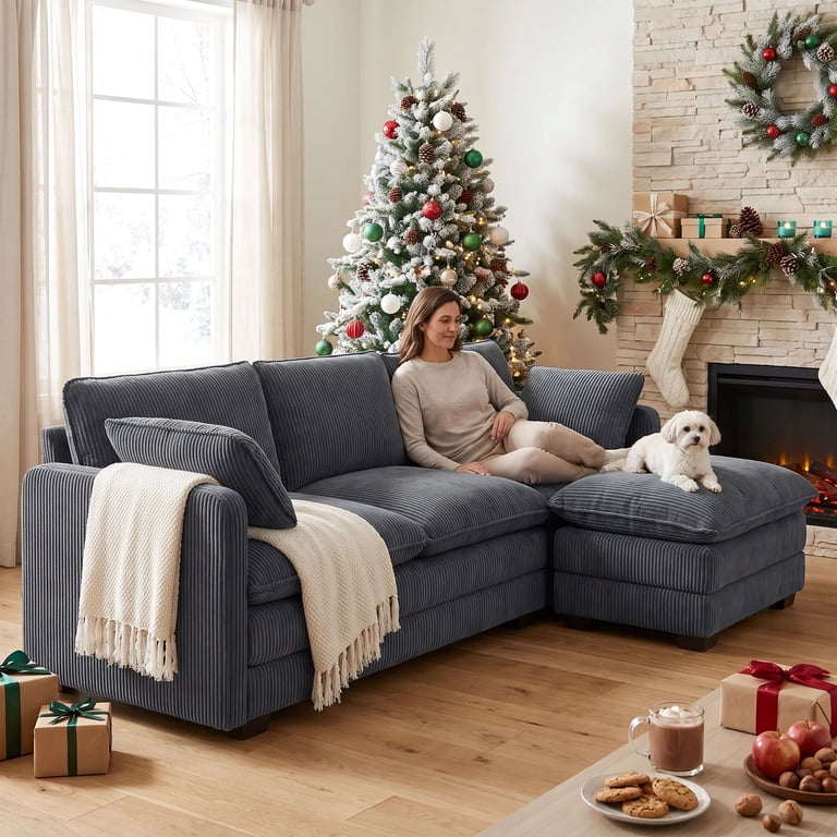 110'' Oversized L Shaped Corduroy Cloud Couches with Ottoman and