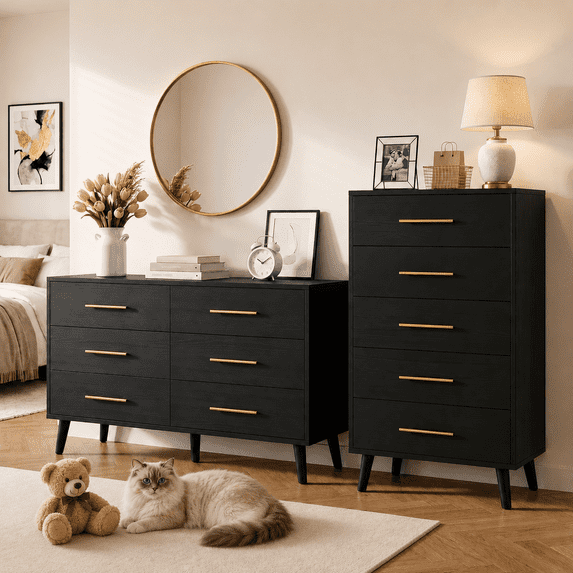 Noelse 2 Piece Bedroom Furniture Set, 6 Drawer Dresser & 5 Drawer Tall Dresser with Storage, Wood Organizer with Metal Handles, Black