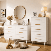 Noelse 2 Piece Bedroom Furniture Set, 6 Drawer Dresser & 5 Drawer Tall Dresser with Metal Handles, White