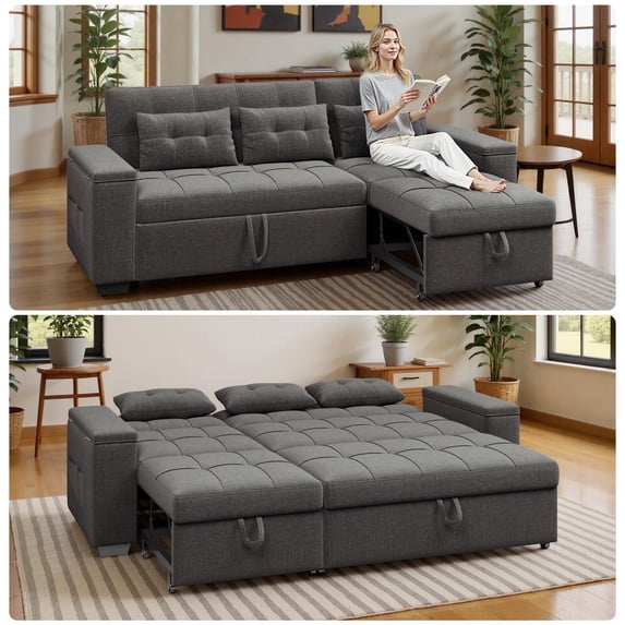 Noelse 3 in 1 Convertible Sofa Bed, Sectional Sleeper Sofa with Storage Armrest and 4-Level Adjustable Backrest, L-Shaped Couch for Living Room, Dark Grey