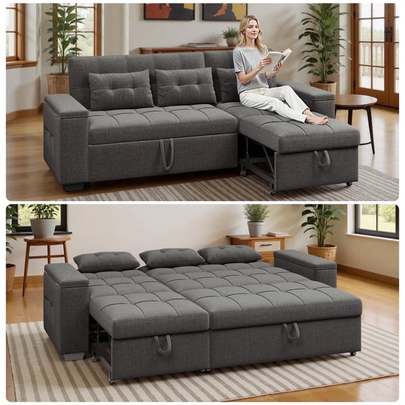 Noelse 3 in 1 Convertible Sofa Bed, Sectional Sleeper Sofa with Storage Armrest and 4-Level Adjustable Backrest, L-Shaped Couch for Living Room, Dark Grey