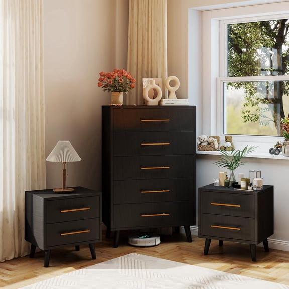 Noelse 3 Piece Bedroom Furniture Set, 5 Drawer Dresser with 2 Nightstands, Modern Wood Storage Organizer with Drawers for Bedroom, Living Room, Black