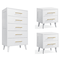 Noelse 3 Piece Bedroom Furniture Set, 5 Drawer Dresser with 2 Nightstands, Modern Wood Storage Organizer with Drawers for Bedroom, Living Room, White