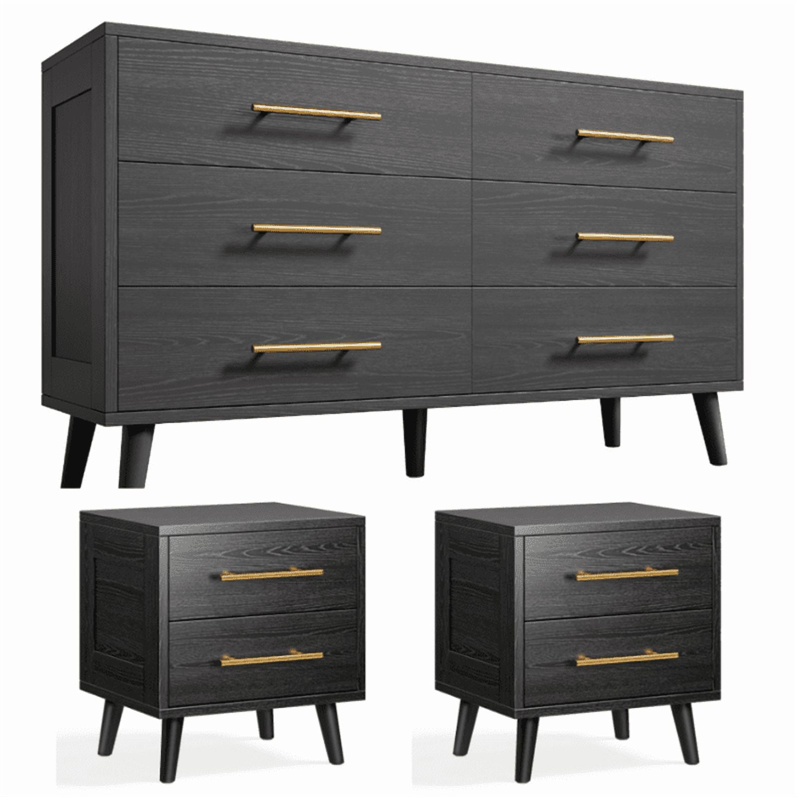 Noelse 3 Piece Bedroom Furniture Set, 6 Drawer Dresser with 2 Nightstands, Modern Wood Storage Organizer with Metal Handles for Bedroom, Living Room,Black