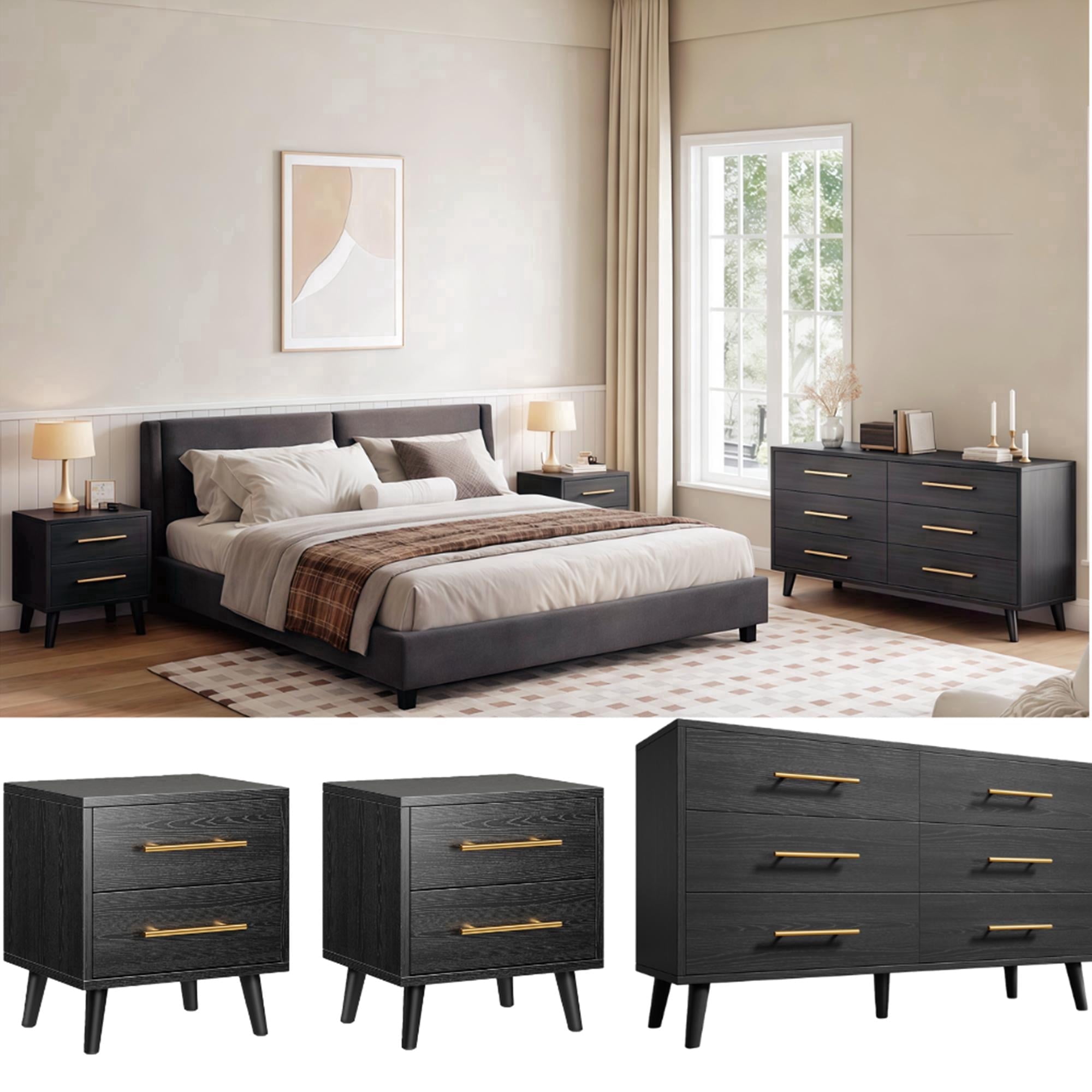 3 piece dresser and nightstand set black Furniture of America Seabliss Glam 3-Piece Black Solid Wood Dresser and 2-Nightstand Bedroom Set