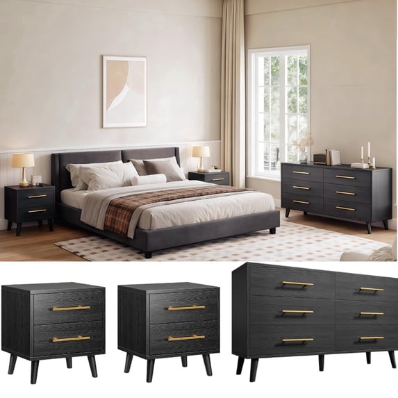 Noelse 3 Piece Bedroom Furniture Set, 6 Drawer Dresser with 2 Nightstands, Modern Wood Storage Organizer with Metal Handles for Bedroom, Living Room,Black