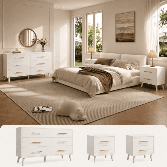 Noelse 3 Piece Bedroom Furniture Set, 6 Drawer Dresser with 2 Nightstands, Modern Wood Storage Organizer with Metal Handles for Bedroom, Living Room, White