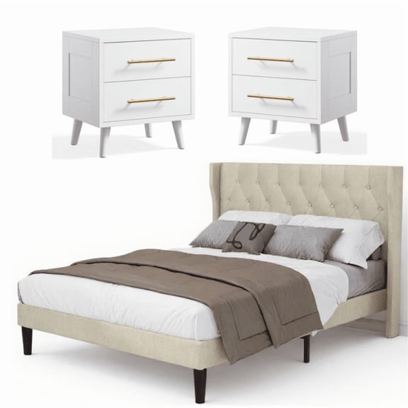Noelse 3-Piece Bedroom Furniture Set, Full Size Bed Frame with Upholstered Headboard & 2 Nightstands, Under Bed Storage, Noise-Free, Beige and White