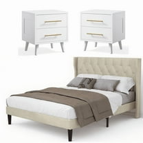 Noelse 3-Piece Bedroom Furniture Set, Full Size Bed Frame with Upholstered Headboard & 2 Nightstands, Under Bed Storage, Noise-Free, Beige and White