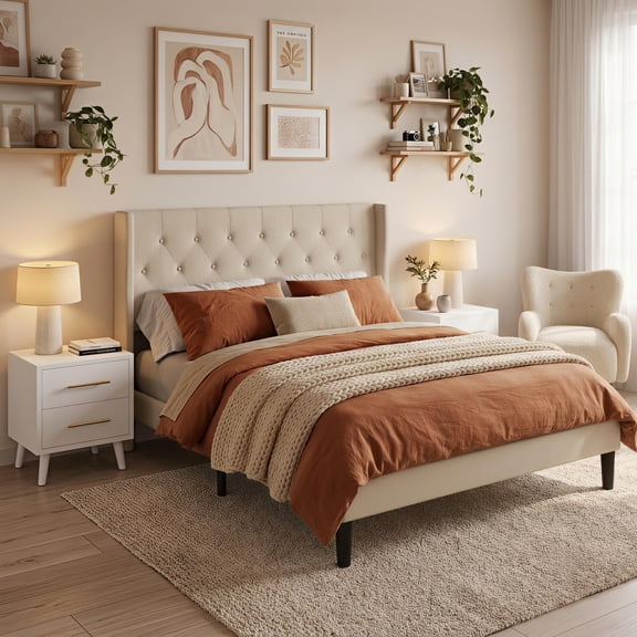 Noelse 3-Piece Bedroom Furniture Set, Full Size Bed Frame with Upholstered Headboard & 2 Nightstands, Under Bed Storage, Noise-Free, Beige and White