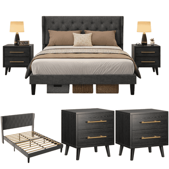 Noelse 3-Piece Bedroom Furniture Set, Full Size Bed Frame with Upholstered Headboard & 2 Nightstands, Under Bed Storage, Noise-Free, Gray and Black