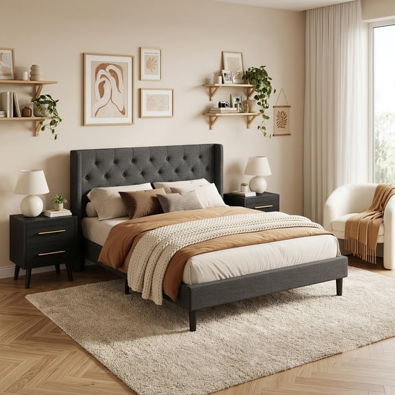 Noelse 3-Piece Bedroom Furniture Set, Full Size Bed Frame with Upholstered Headboard & 2 Nightstands, Under Bed Storage, Noise-Free, Gray and Black