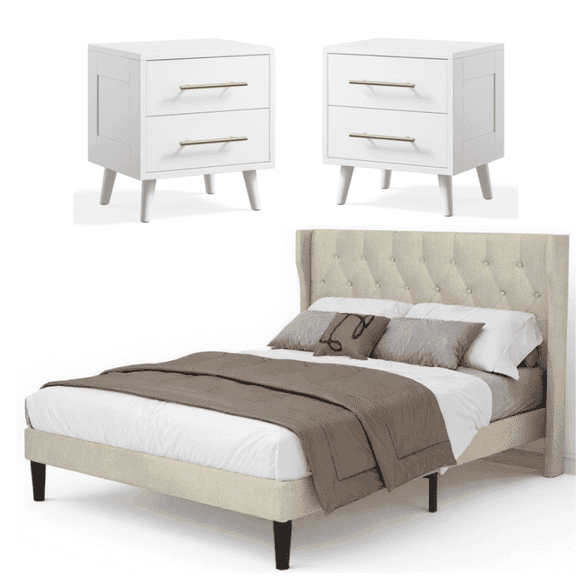 Noelse 3-Piece Bedroom Furniture Set, Queen Size Bed Frame with Upholstered Headboard & 2 Nightstands, Under Bed Storage, Noise-Free, Beige and White