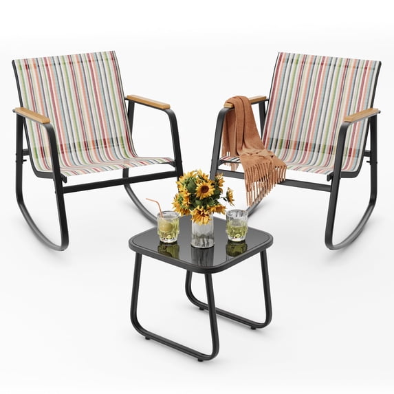 Noelse 3 Piece Outdoor Patio Bistro Set with Rocking Chairs, Weather-Resistant Textilene Conversation Set with Coffee Table for Porch, Balcony, Lawn, Stripe