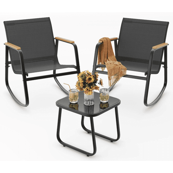 Noelse 3 Piece Outdoor Rocking Bistro Set, Textilene Fabric Patio Furniture Set with Heat-Resistant Armrests and Coffee Table for Lawn, Balcony, Black