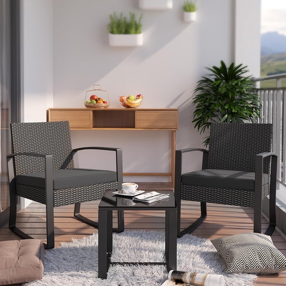 Noelse Patio Furniture Set 3 Pieces Outdoor Rocking Chairs Set with Glass Coffee Table for Garden, Bistro, Porch, Balcony, Backyard, Black Cushion